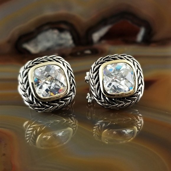 Jewelry - Designer Inspired Silver & Gold CZ Princess Cable Earrings